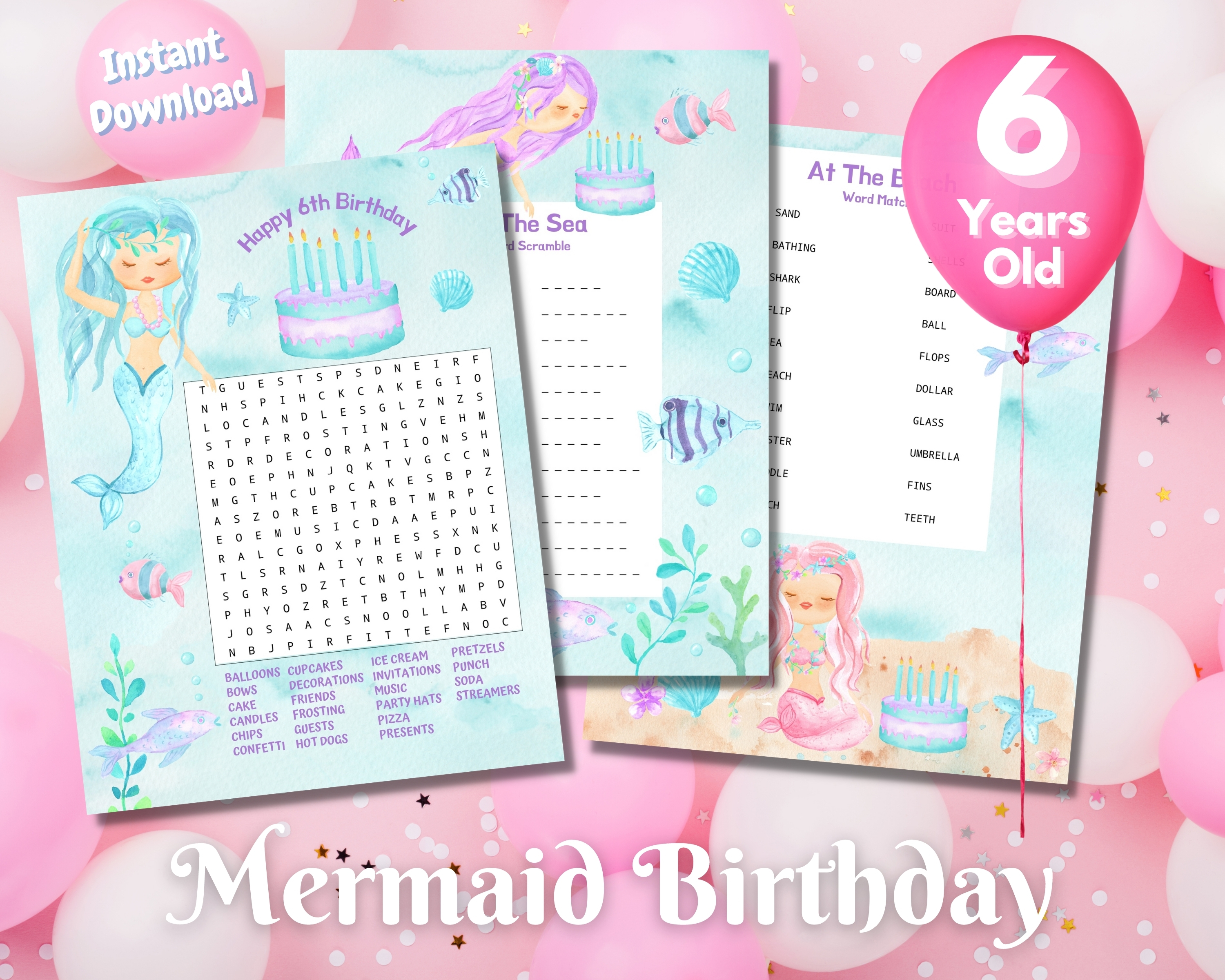 Sixth Mermaid Birthday Word Puzzles - Light Complexion