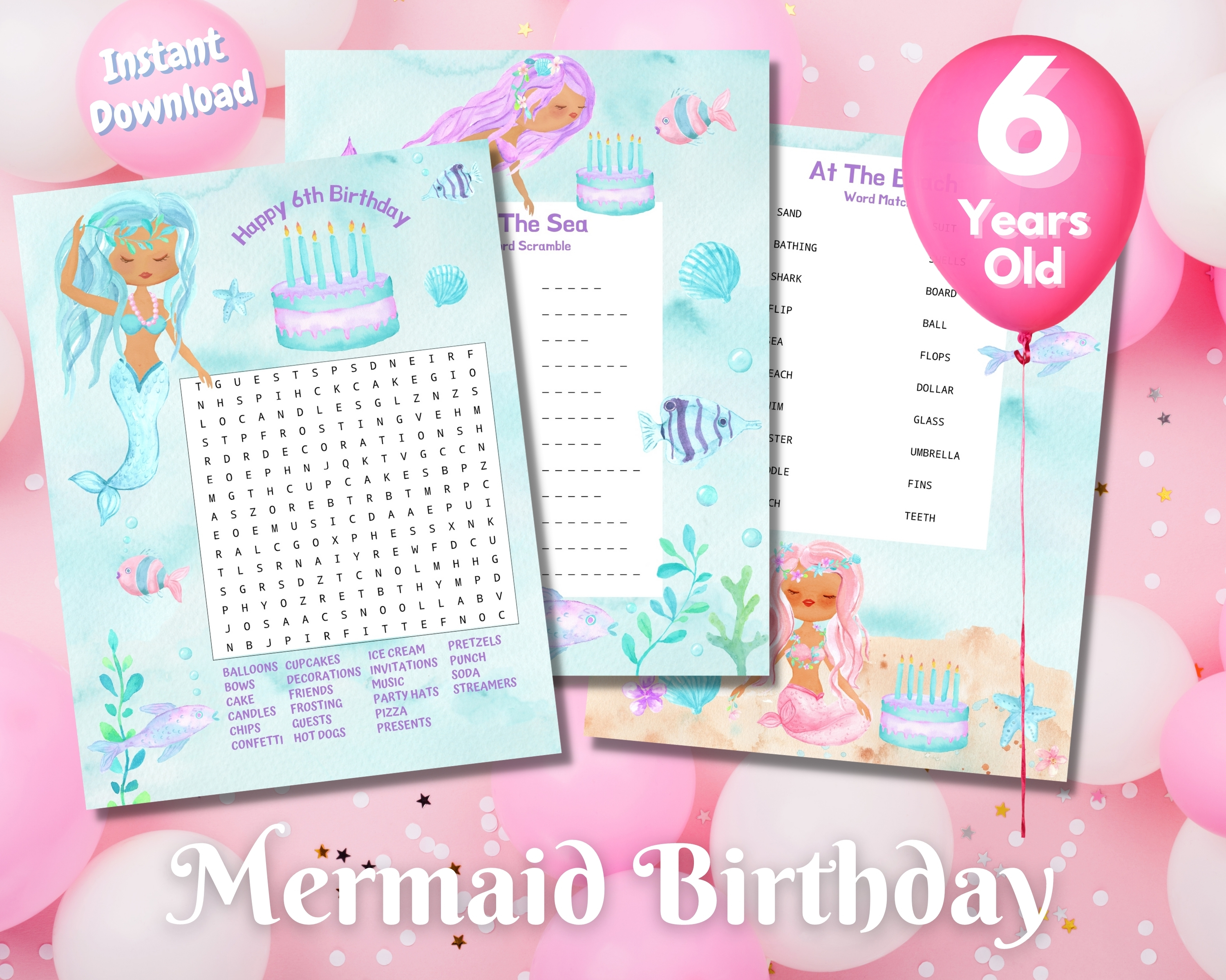 Sixth Mermaid Birthday Word Puzzles - Dark Complexion