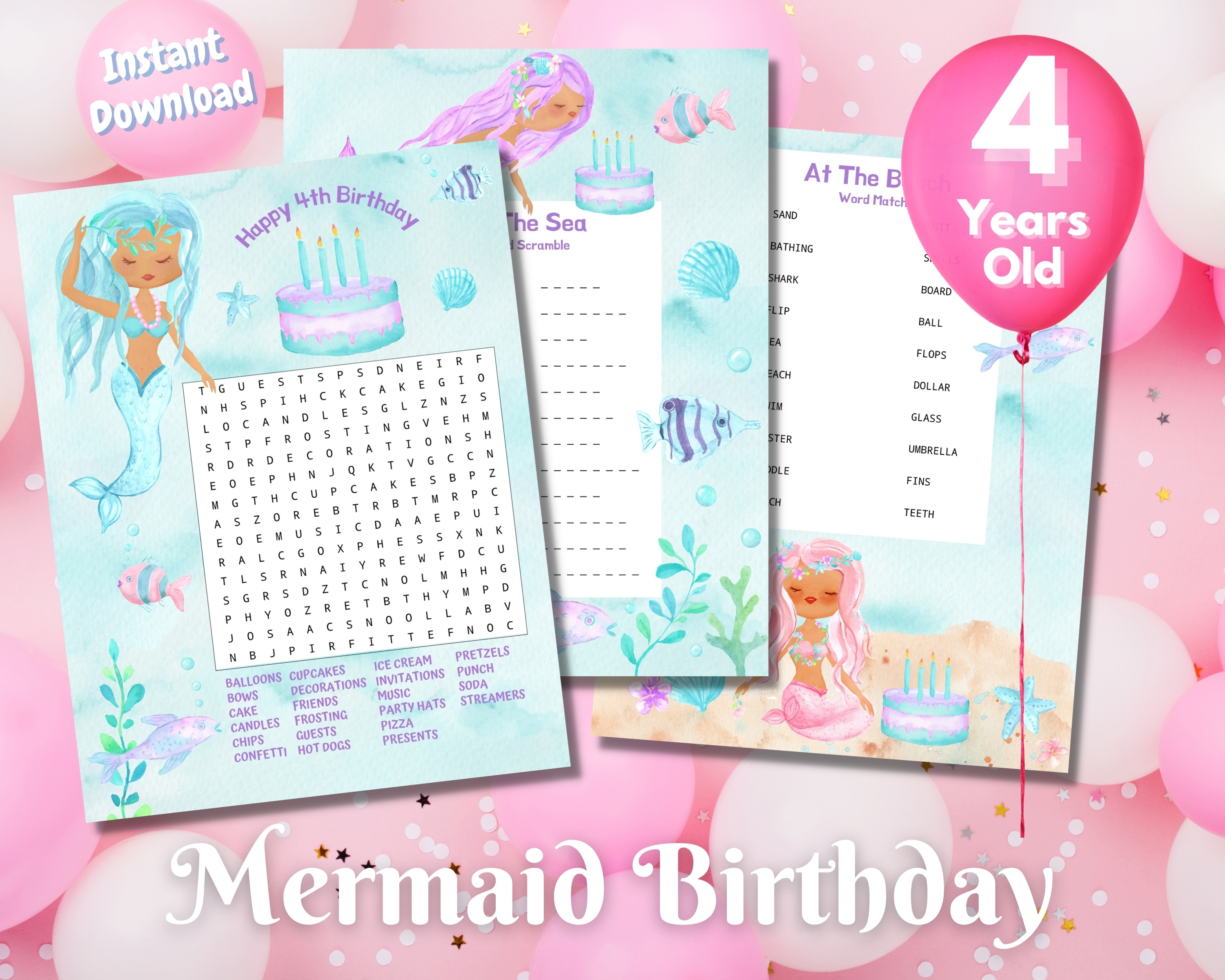 Fourth Mermaid Birthday Word Puzzles - Dark Complexion