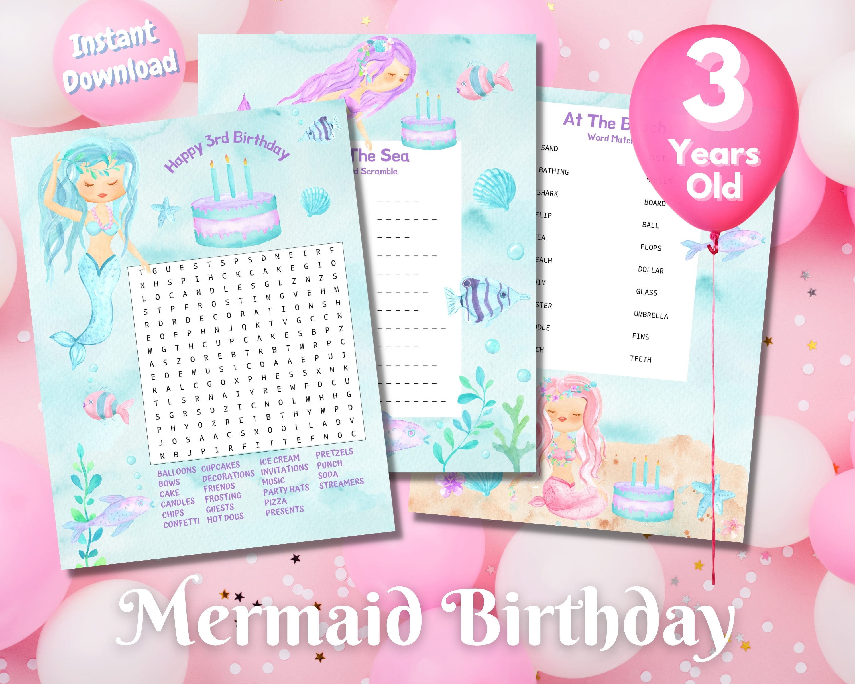 Third Mermaid Birthday Word Puzzles - Light Complexion