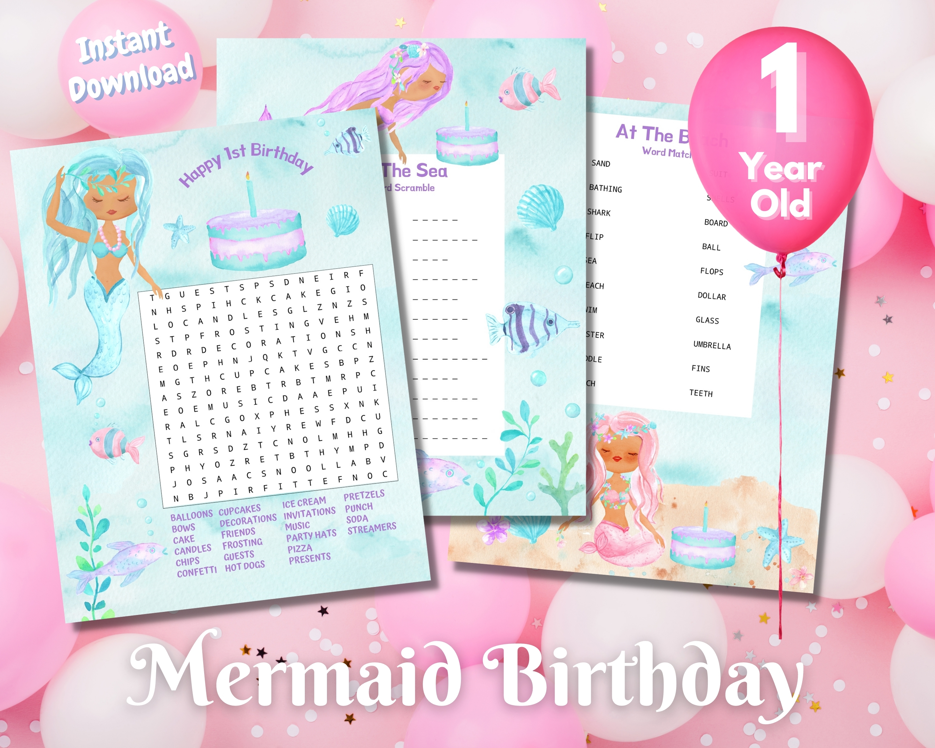 First Mermaid Birthday Word Puzzles - Dark Complexion