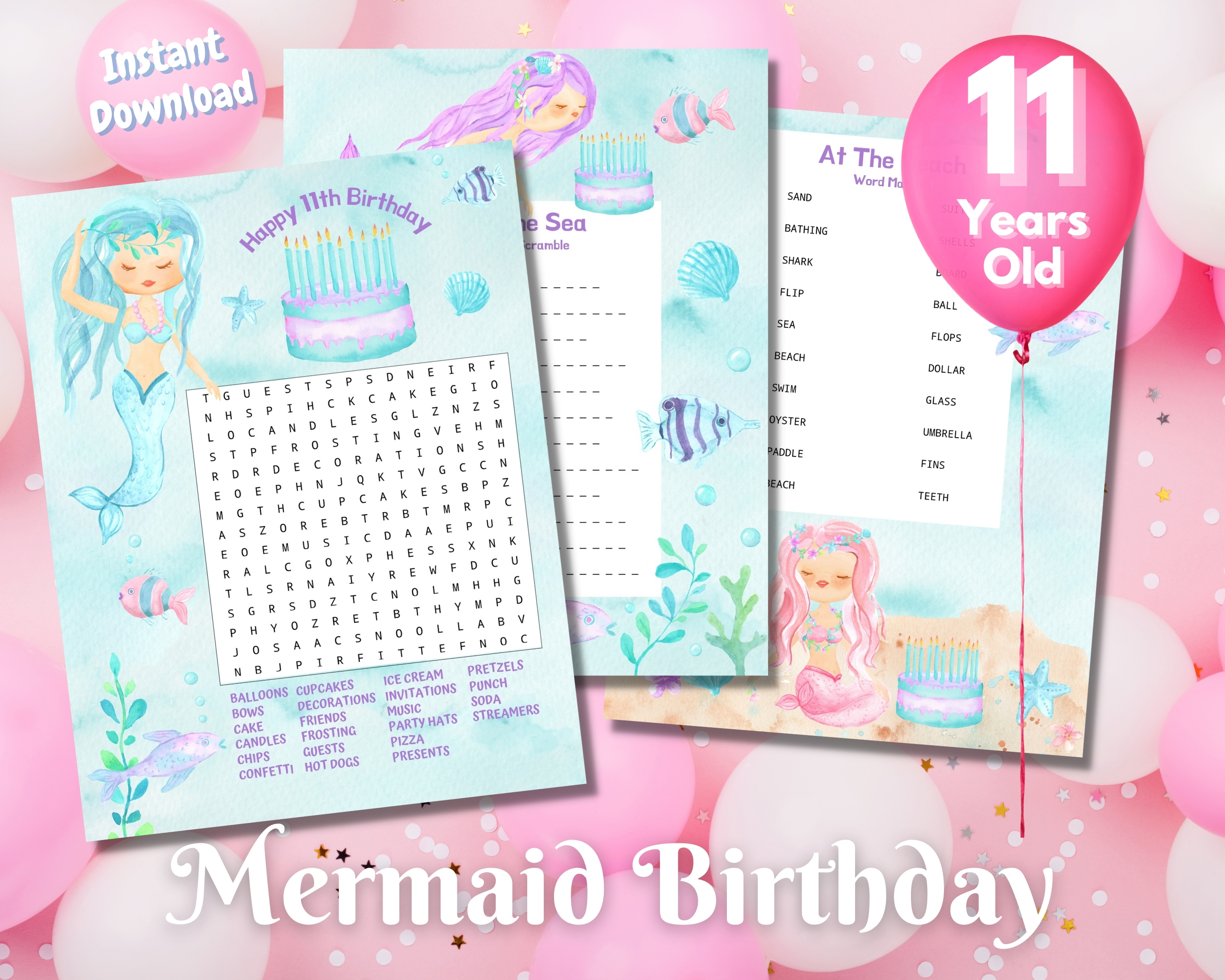 Eleventh Mermaid Birthday Word Puzzles - Light Complexion