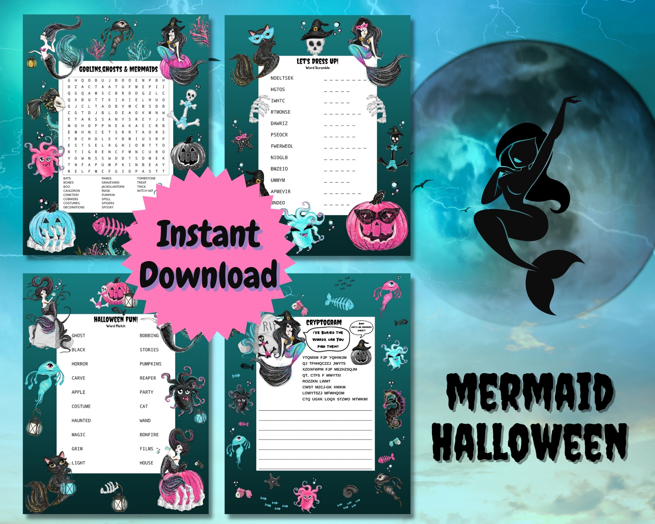 Mermaid Halloween Word Puzzles