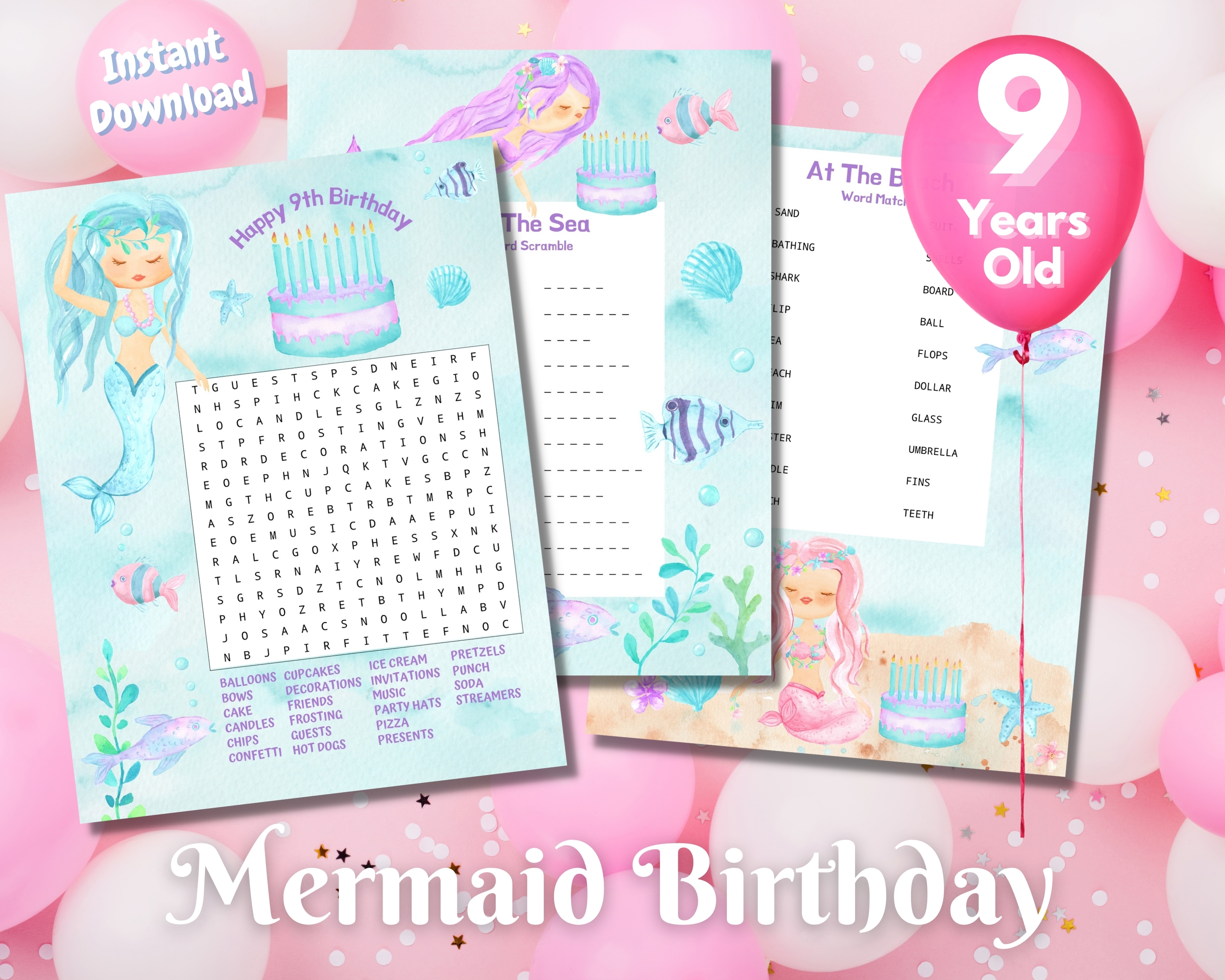Ninth Mermaid Birthday Word Puzzles - Light Complexion