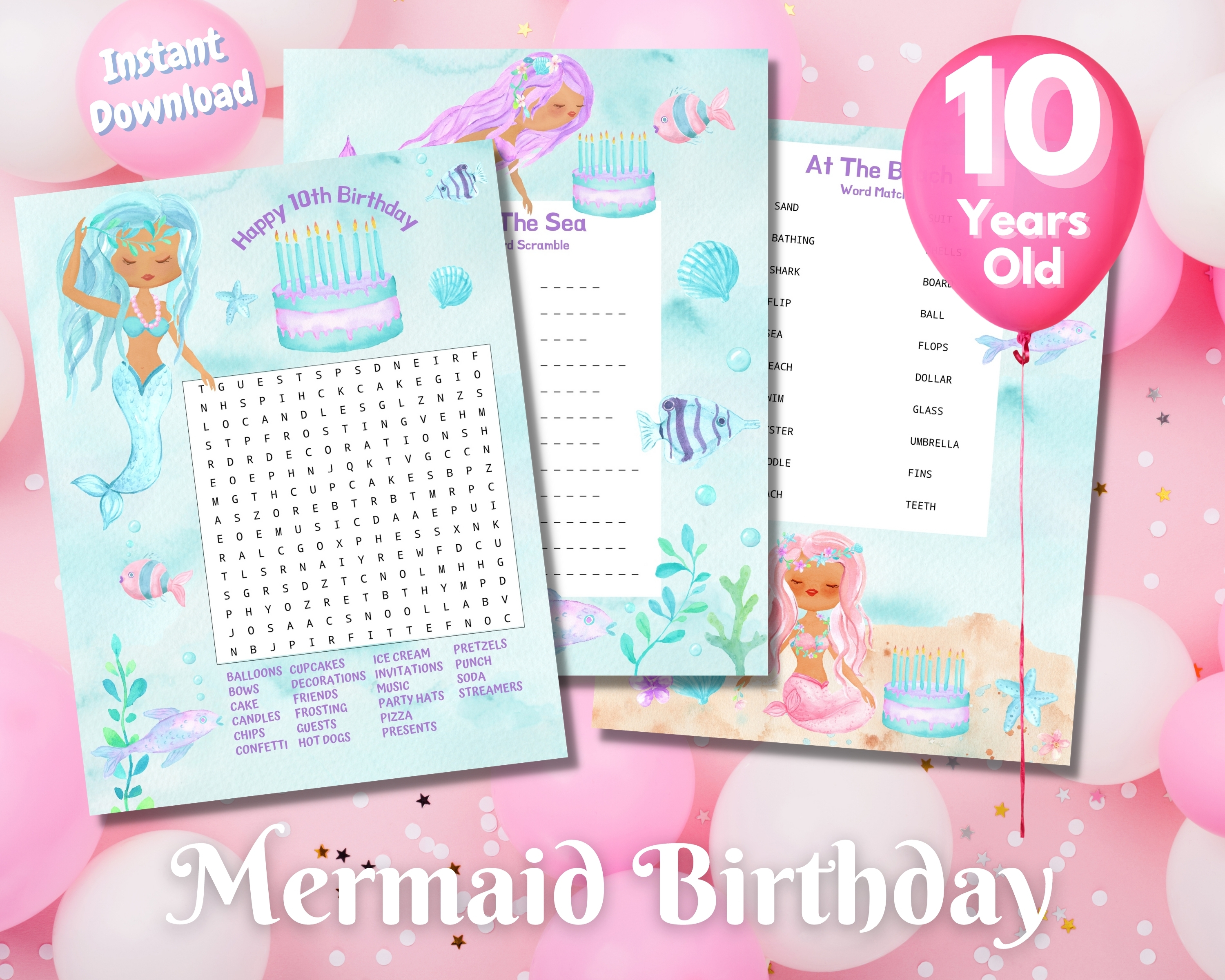 Tenth Mermaid Birthday Word Puzzles - Dark Complexion
