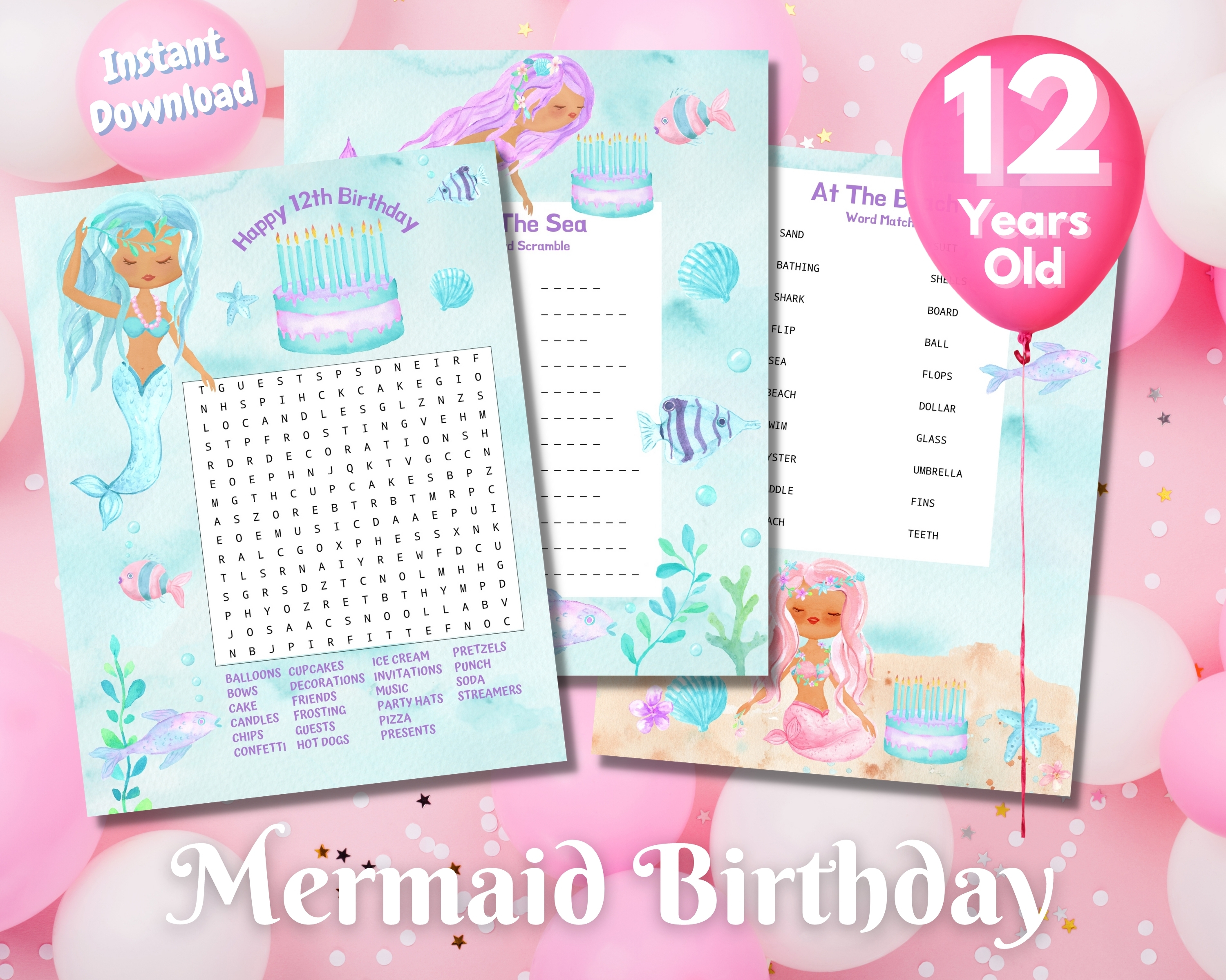 Twelfth Mermaid Birthday Word Puzzles - Dark Complexion