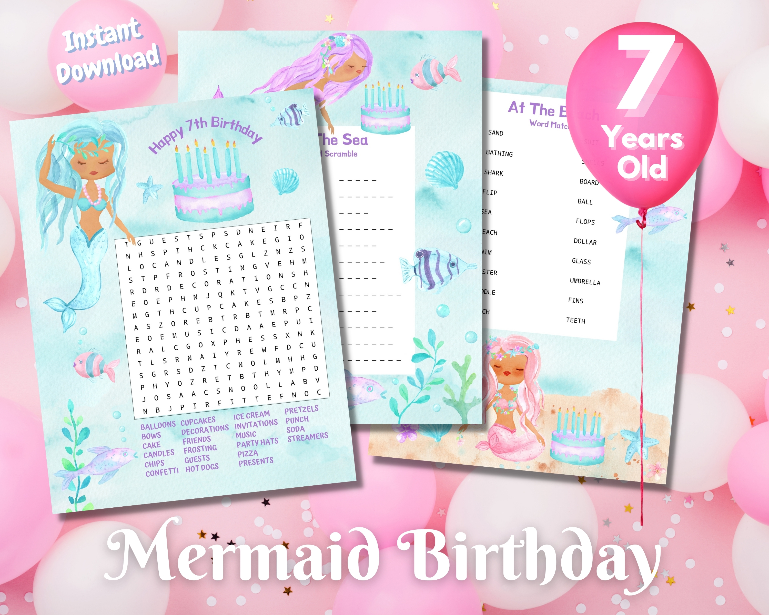 Seventh Mermaid Birthday Word Puzzles - Dark Complexion