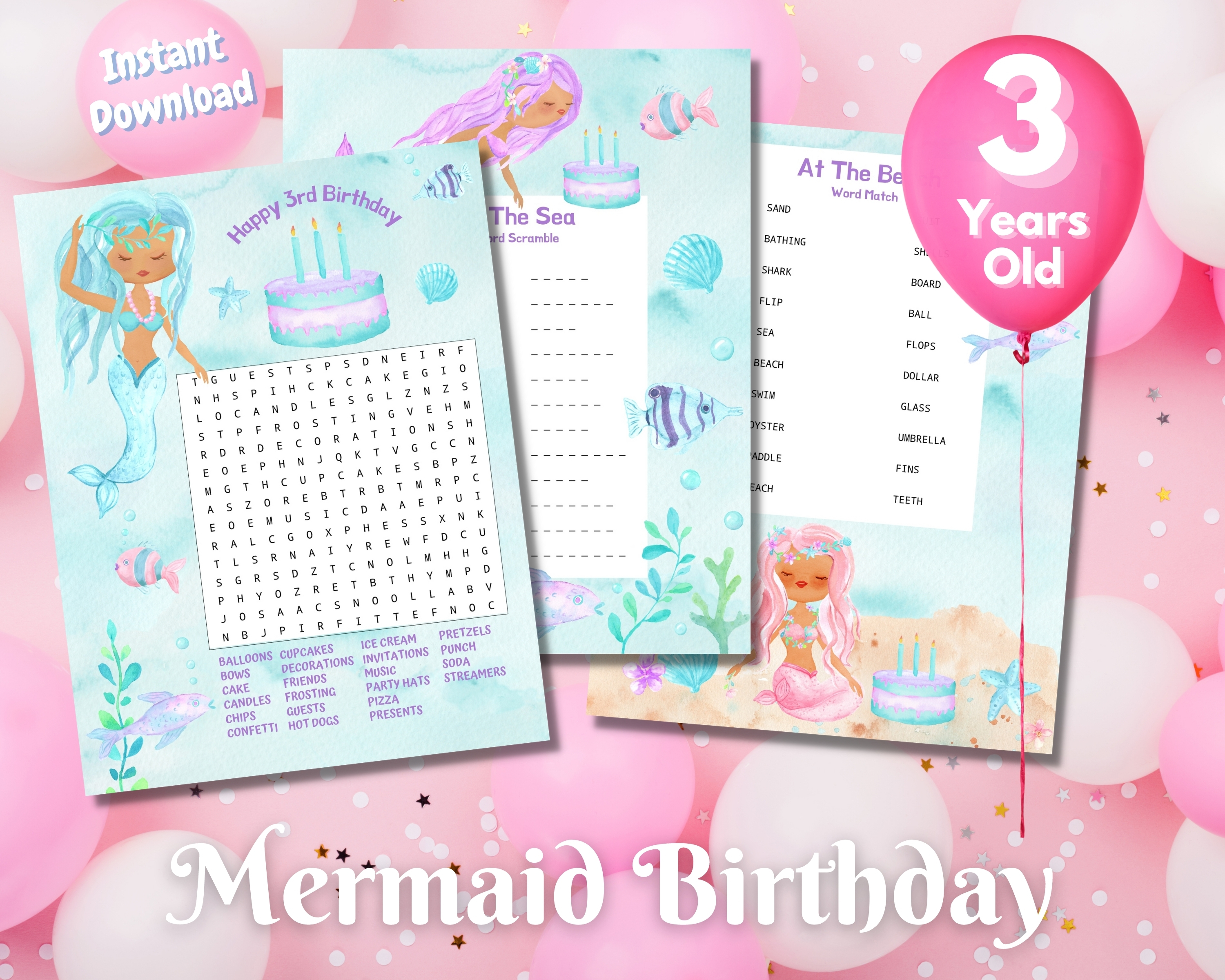 Third Mermaid Birthday Word Puzzles - Dark Complexion