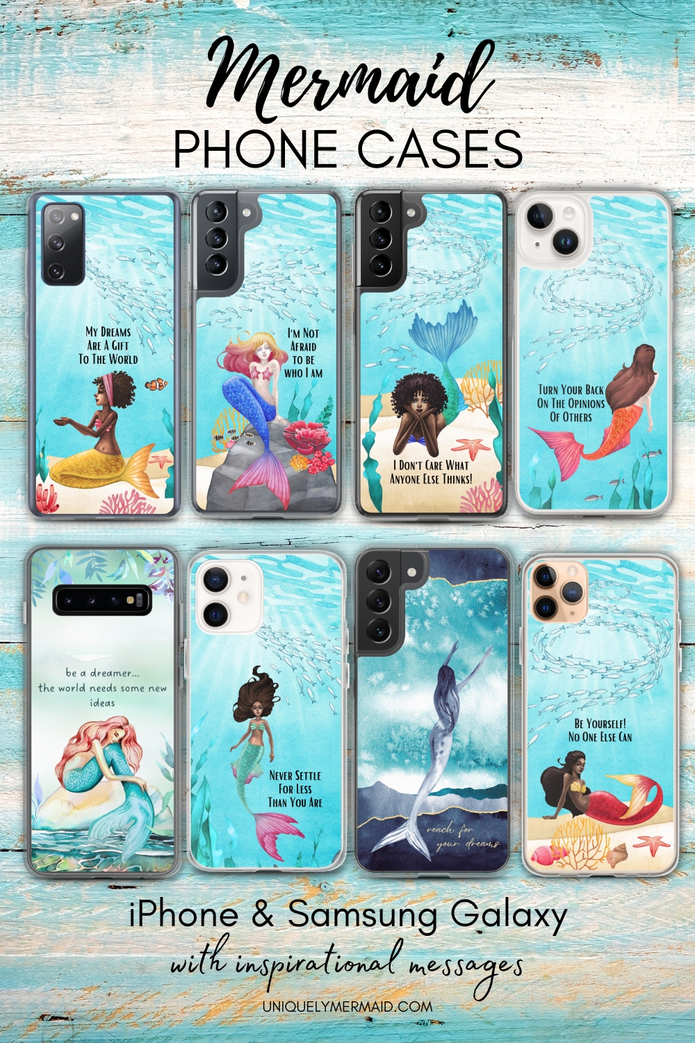 Select a gorgeous mermaid phone case to protect your iPhone or Samsung Galaxy. Each design has an inspiring message.