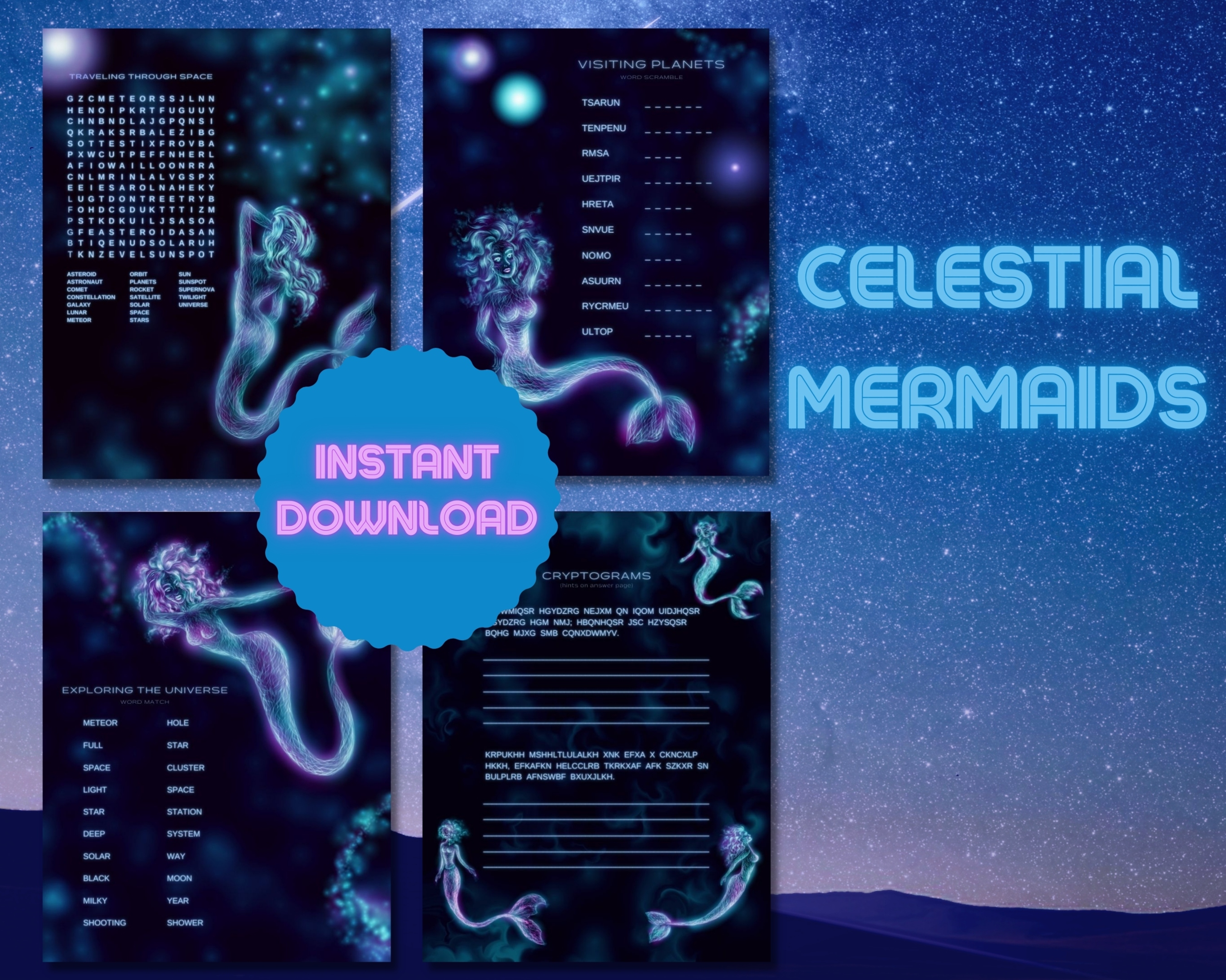 Celestial Mermaids Word Puzzles
