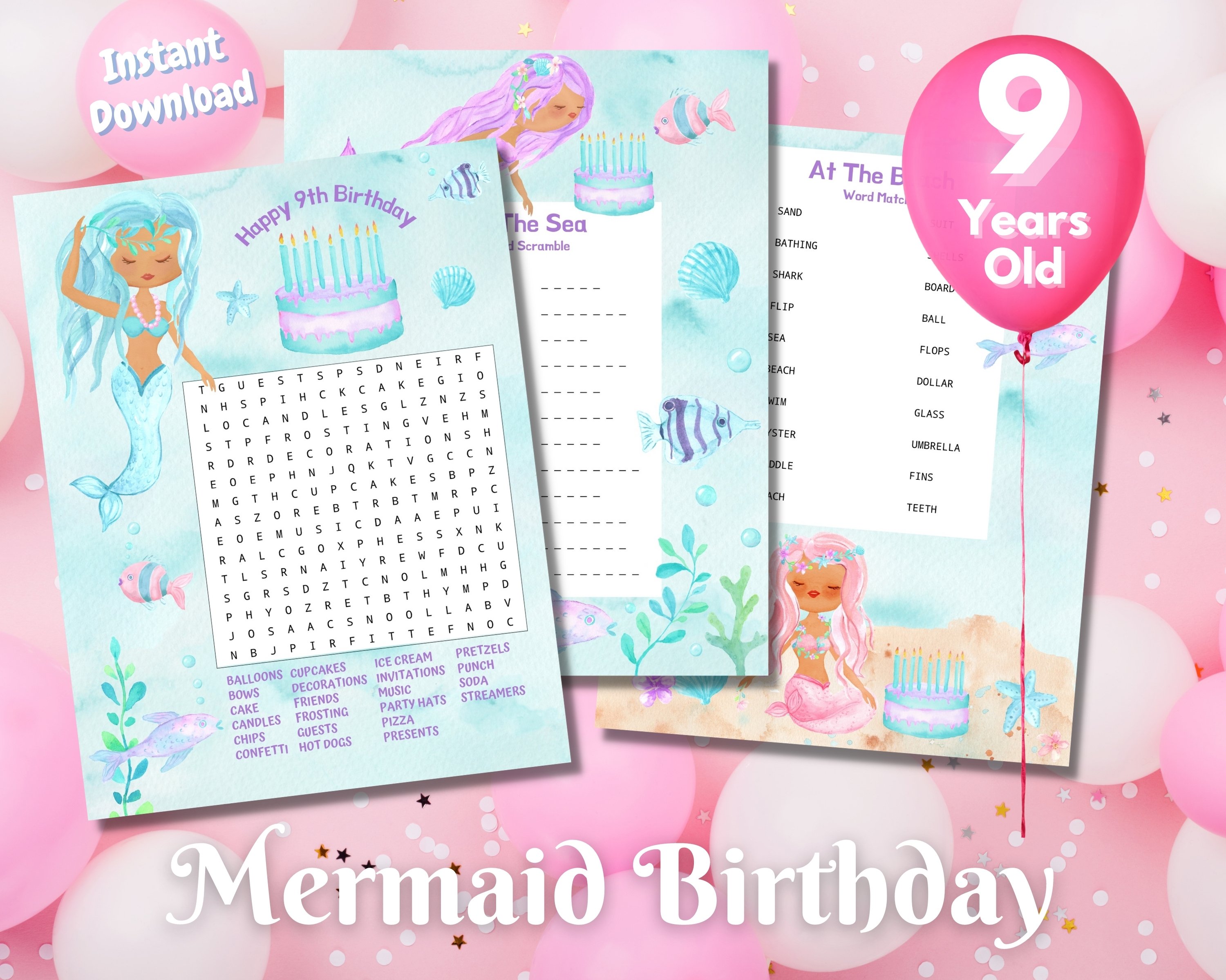 Ninth Mermaid Birthday Word Puzzles - Dark Complexion
