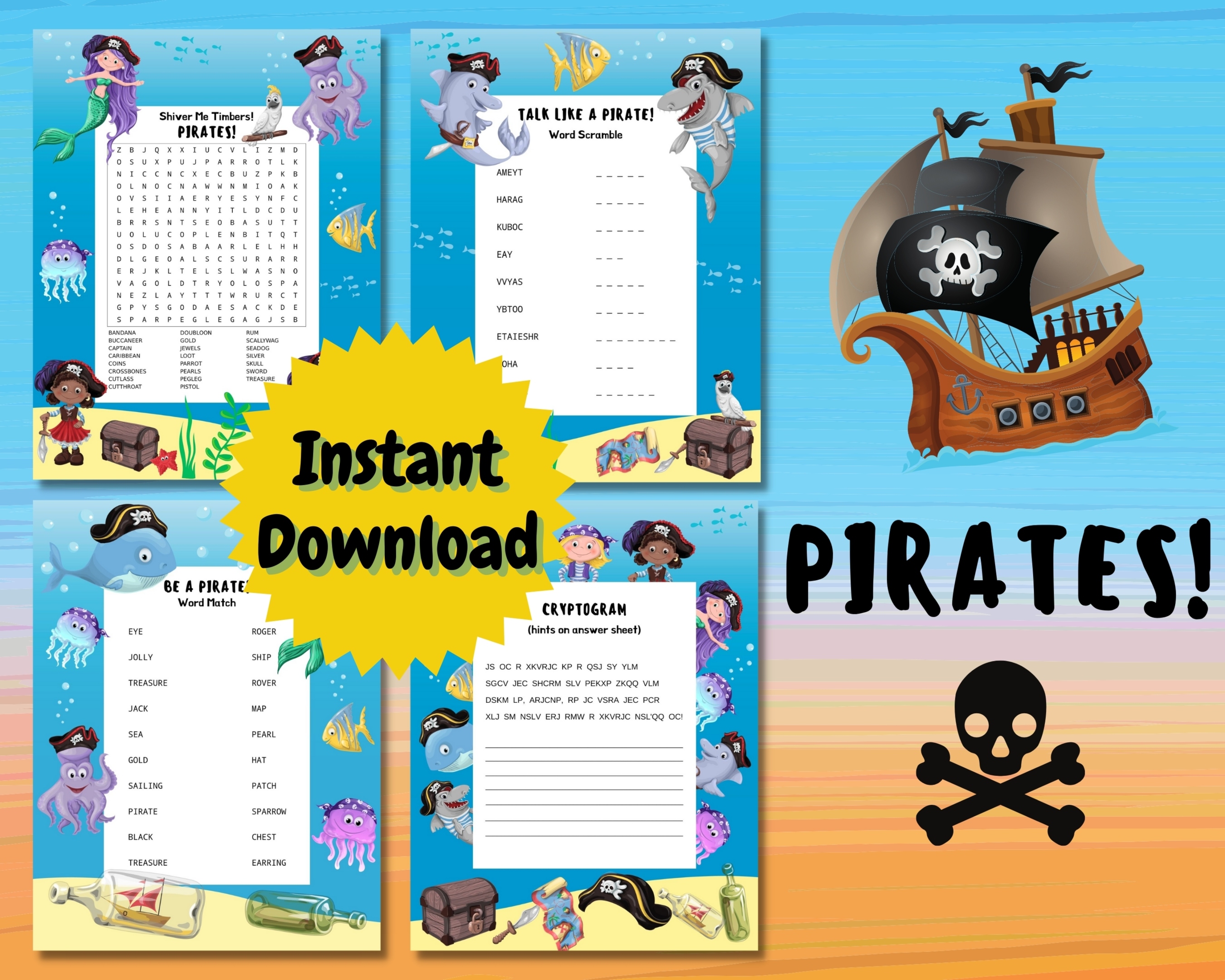 Mermaids And Pirates Word Puzzles